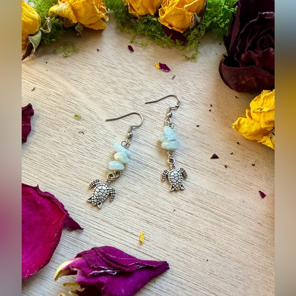 Handmade Aquamarine Earrings with Turtle Charms - Picture 3 of 3